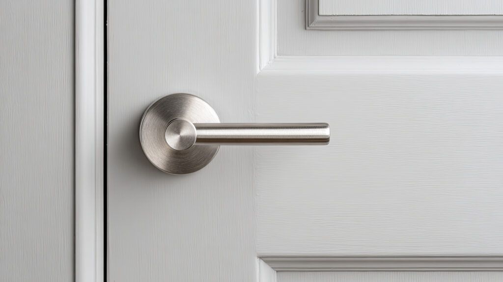 Modern silver door handle on white door with clean design
